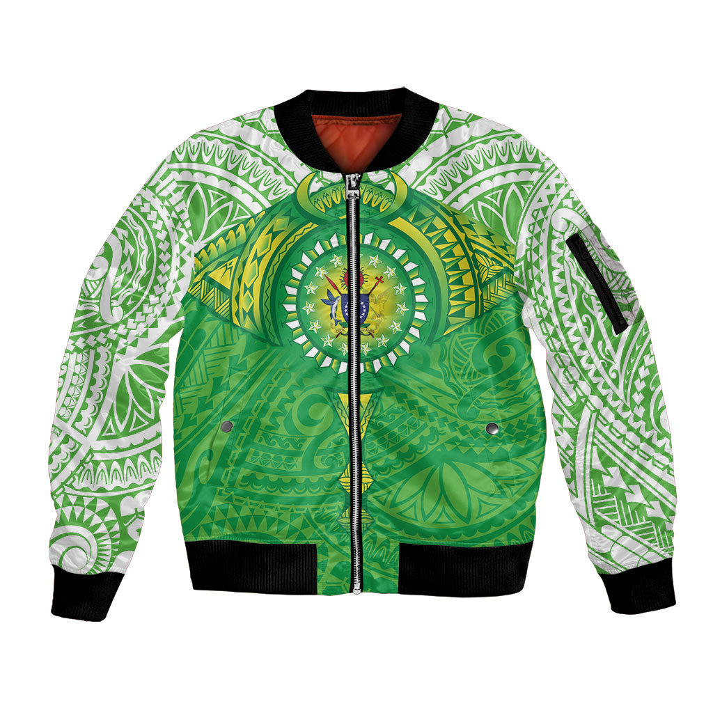 Cook Islands Manta Ray Sleeve Zip Bomber Jacket Kuki Airani Tattoo Green Color LT14 Unisex Green - Polynesian Pride