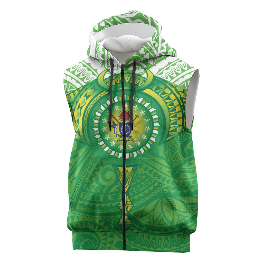 Cook Islands Manta Ray Sleeveless Zip Hoodie Kuki Airani Tattoo Green Color LT14 Green - Polynesian Pride