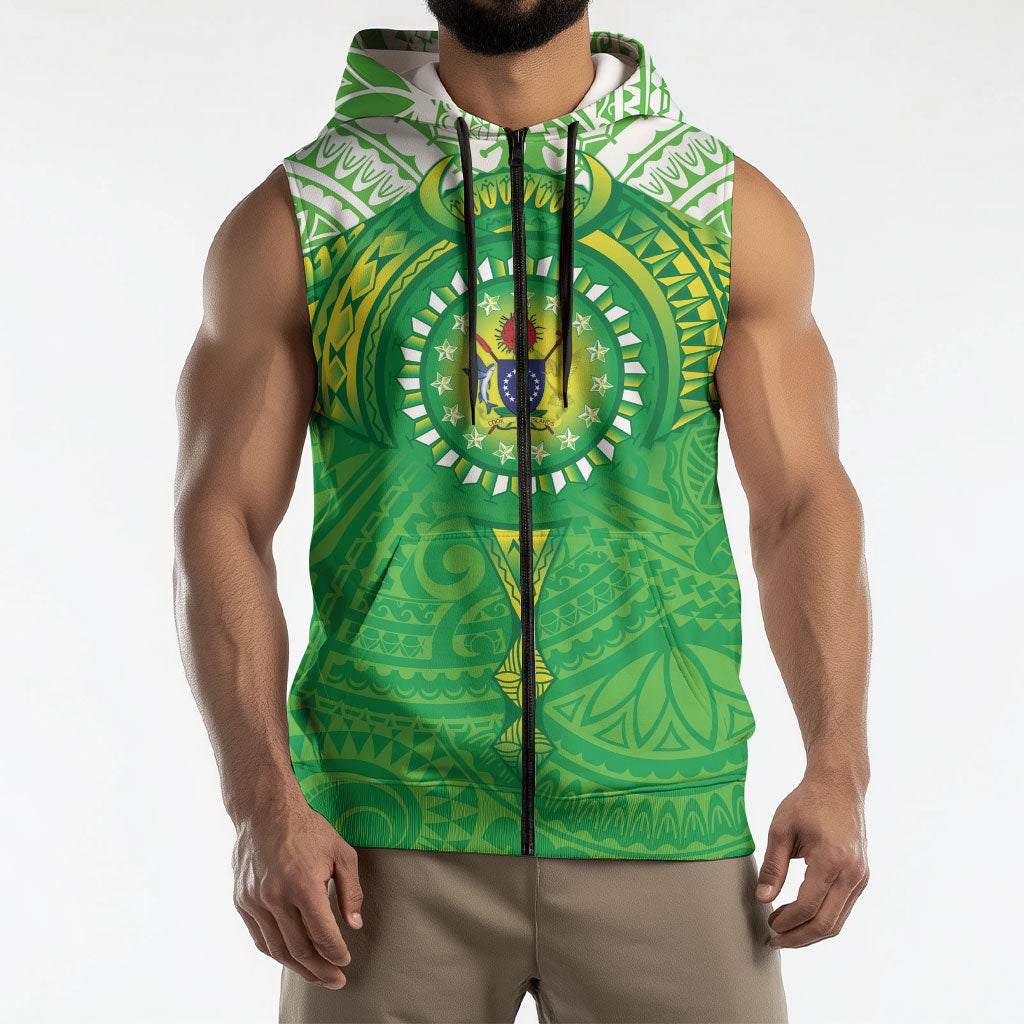 Cook Islands Manta Ray Sleeveless Zip Hoodie Kuki Airani Tattoo Green Color LT14 - Polynesian Pride