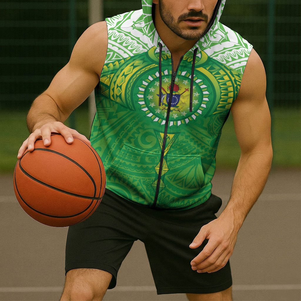 Cook Islands Manta Ray Sleeveless Zip Hoodie Kuki Airani Tattoo Green Color LT14 - Polynesian Pride