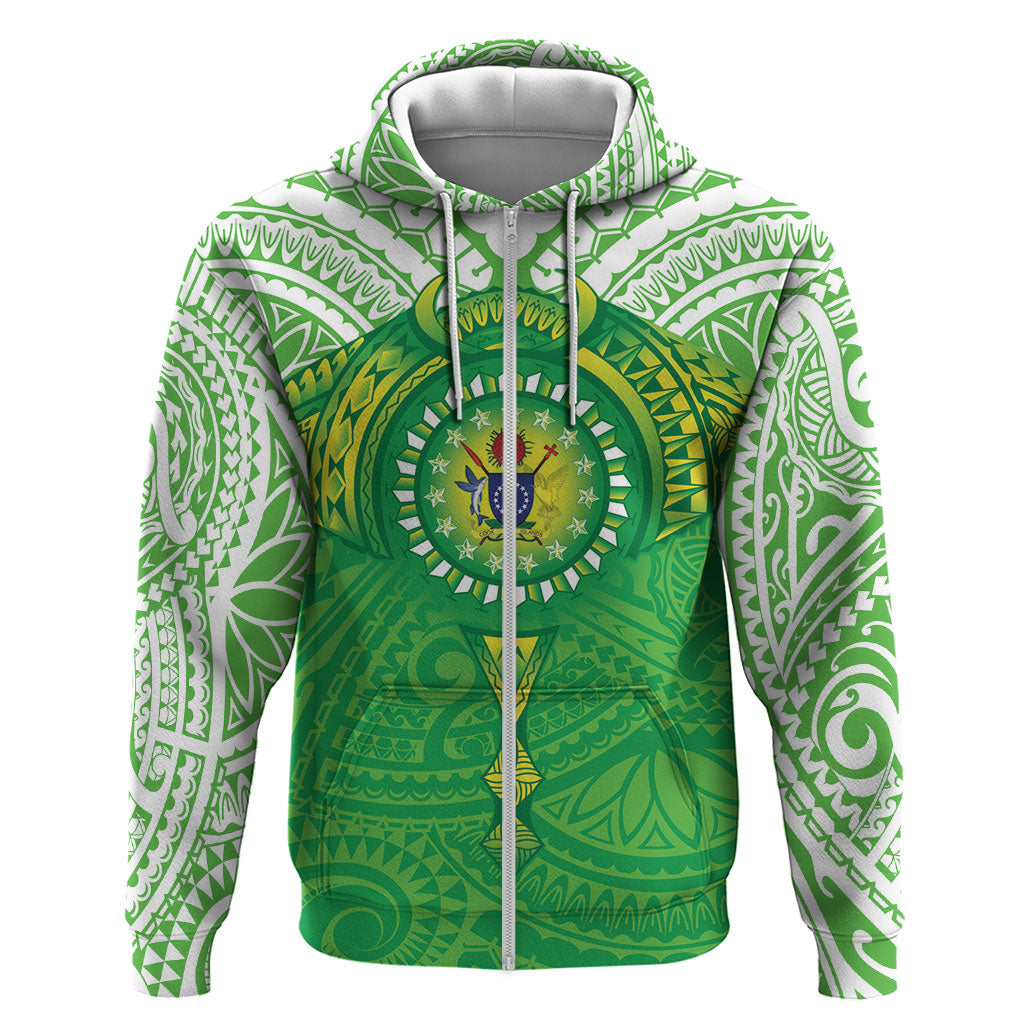 Cook Islands Manta Ray Zip Hoodie Kuki Airani Tattoo Green Color