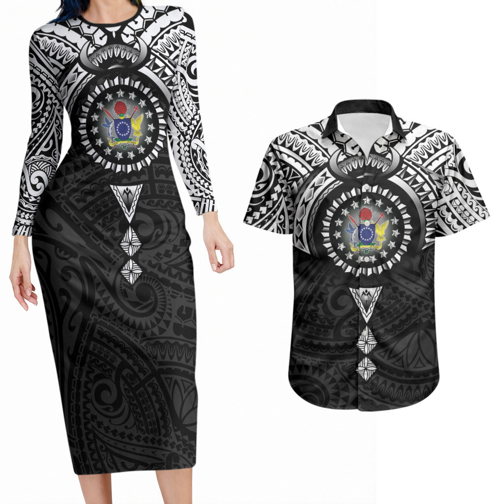 Cook Islands Manta Ray Couples Matching Long Sleeve Bodycon Dress and Hawaiian Shirt Kuki Airani Tattoo Black Color LT14 Black - Polynesian Pride