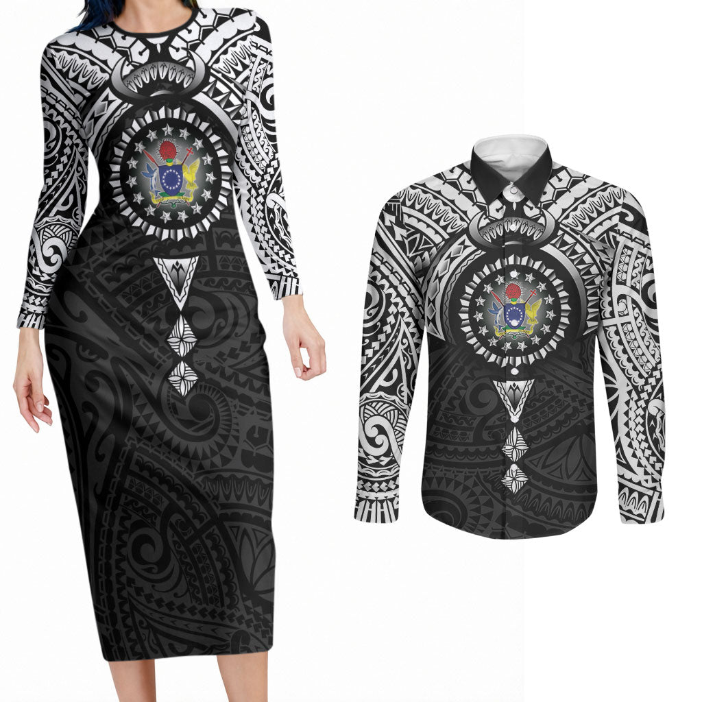 Cook Islands Manta Ray Couples Matching Long Sleeve Bodycon Dress and Long Sleeve Button Shirt Kuki Airani Tattoo Black Color LT14 Black - Polynesian Pride