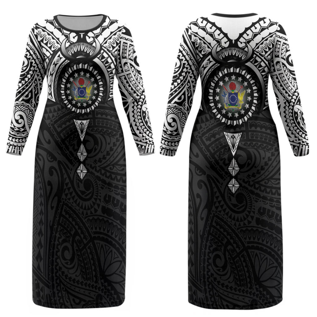 Cook Islands Manta Ray Couples Matching Long Sleeve Bodycon Dress and Long Sleeve Button Shirt Kuki Airani Tattoo Black Color LT14 - Polynesian Pride