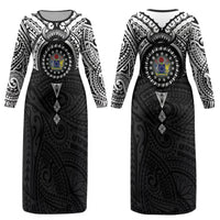 Cook Islands Manta Ray Couples Matching Long Sleeve Bodycon Dress and Long Sleeve Button Shirt Kuki Airani Tattoo Black Color LT14 - Polynesian Pride