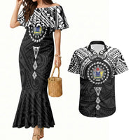 Cook Islands Manta Ray Couples Matching Mermaid Dress and Hawaiian Shirt Kuki Airani Tattoo Black Color LT14 Black - Polynesian Pride