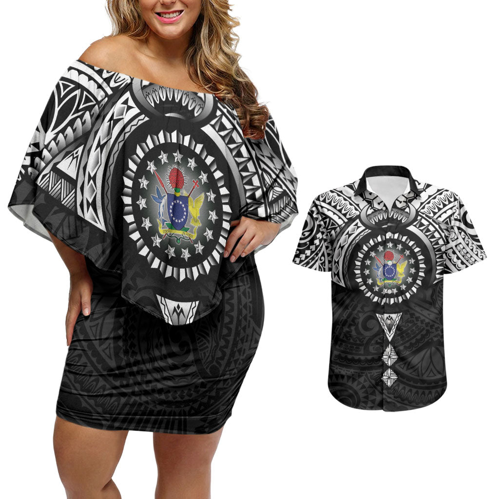 Cook Islands Manta Ray Couples Matching Off Shoulder Short Dress and Hawaiian Shirt Kuki Airani Tattoo Black Color LT14 Black - Polynesian Pride