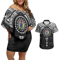 Cook Islands Manta Ray Couples Matching Off Shoulder Short Dress and Hawaiian Shirt Kuki Airani Tattoo Black Color LT14 Black - Polynesian Pride