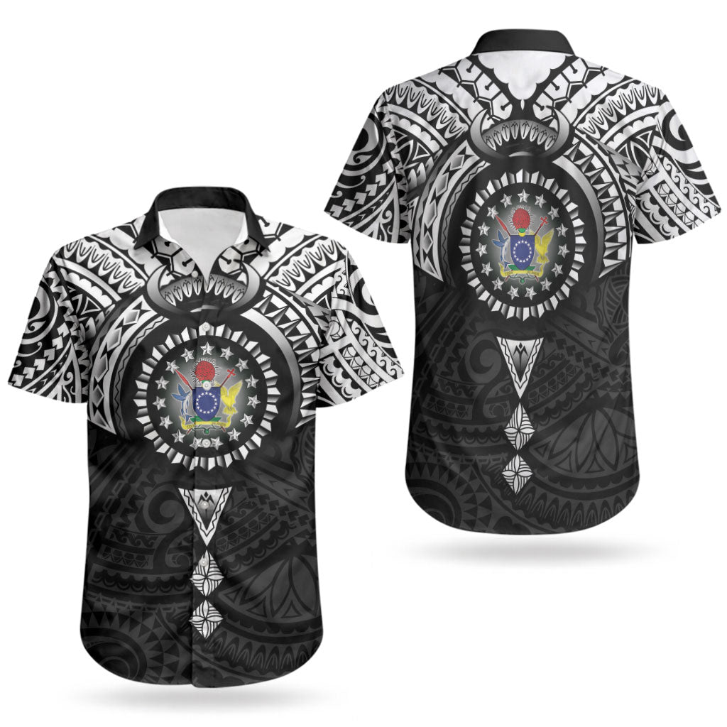 Cook Islands Manta Ray Couples Matching Off Shoulder Short Dress and Hawaiian Shirt Kuki Airani Tattoo Black Color LT14 - Polynesian Pride