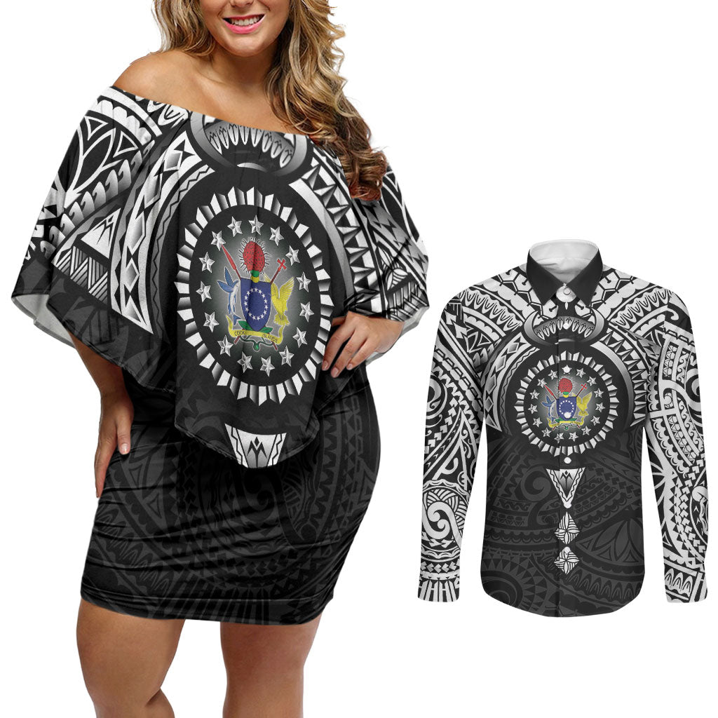 Cook Islands Manta Ray Couples Matching Off Shoulder Short Dress and Long Sleeve Button Shirt Kuki Airani Tattoo Black Color