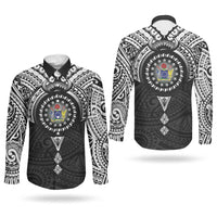 Cook Islands Manta Ray Couples Matching Off The Shoulder Long Sleeve Dress and Long Sleeve Button Shirt Kuki Airani Tattoo Black Color LT14 - Polynesian Pride