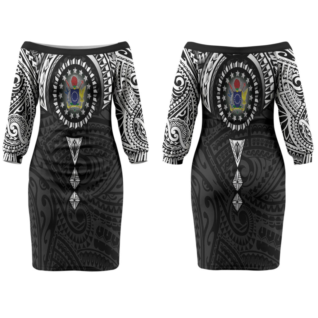 Cook Islands Manta Ray Couples Matching Off The Shoulder Long Sleeve Dress and Long Sleeve Button Shirt Kuki Airani Tattoo Black Color LT14 - Polynesian Pride