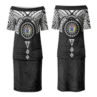 Cook Islands Manta Ray Couples Matching Puletasi and Long Sleeve Button Shirt Kuki Airani Tattoo Black Color LT14 - Polynesian Pride
