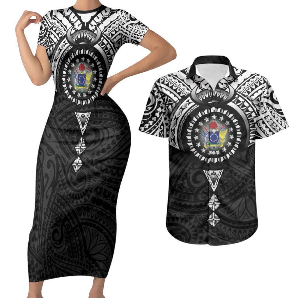Cook Islands Manta Ray Couples Matching Short Sleeve Bodycon Dress and Hawaiian Shirt Kuki Airani Tattoo Black Color LT14 Black - Polynesian Pride