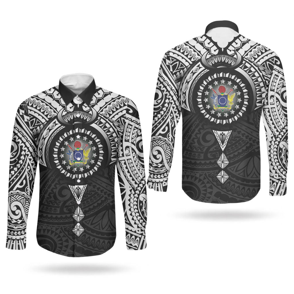 Cook Islands Manta Ray Couples Matching Short Sleeve Bodycon Dress and Long Sleeve Button Shirt Kuki Airani Tattoo Black Color LT14 - Polynesian Pride