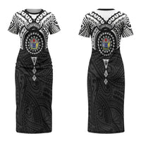 Cook Islands Manta Ray Couples Matching Short Sleeve Bodycon Dress and Long Sleeve Button Shirt Kuki Airani Tattoo Black Color LT14 - Polynesian Pride