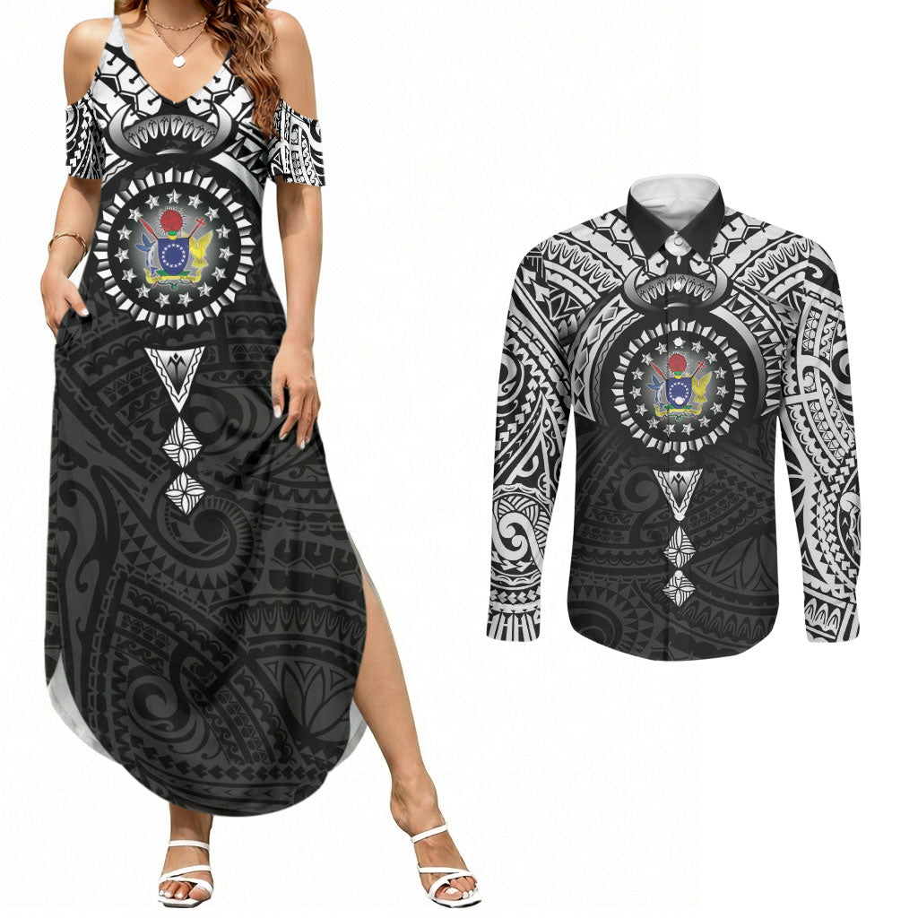 Cook Islands Manta Ray Couples Matching Summer Maxi Dress and Long Sleeve Button Shirt Kuki Airani Tattoo Black Color LT14 Black - Polynesian Pride