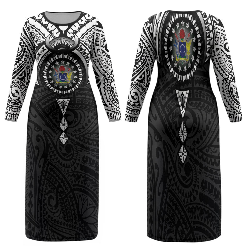 Cook Islands Manta Ray Family Matching Long Sleeve Bodycon Dress and Hawaiian Shirt Kuki Airani Tattoo Black Color LT14 Mom's Dress Black - Polynesian Pride