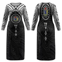 Cook Islands Manta Ray Family Matching Long Sleeve Bodycon Dress and Hawaiian Shirt Kuki Airani Tattoo Black Color LT14 Mom's Dress Black - Polynesian Pride