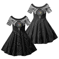 Cook Islands Manta Ray Family Matching Long Sleeve Bodycon Dress and Hawaiian Shirt Kuki Airani Tattoo Black Color LT14 Daughter's Dress Black - Polynesian Pride