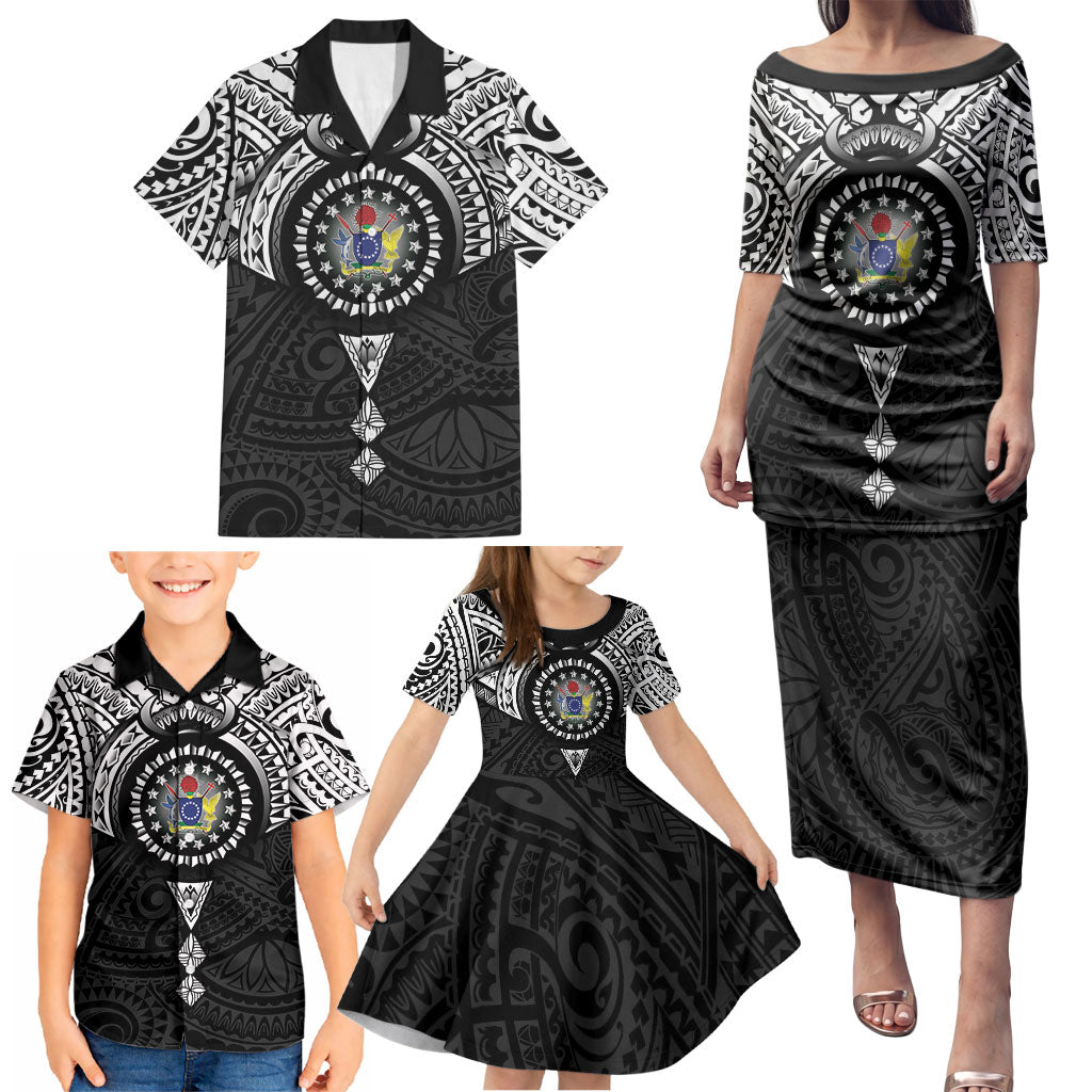 Cook Islands Manta Ray Family Matching Puletasi and Hawaiian Shirt Kuki Airani Tattoo Black Color