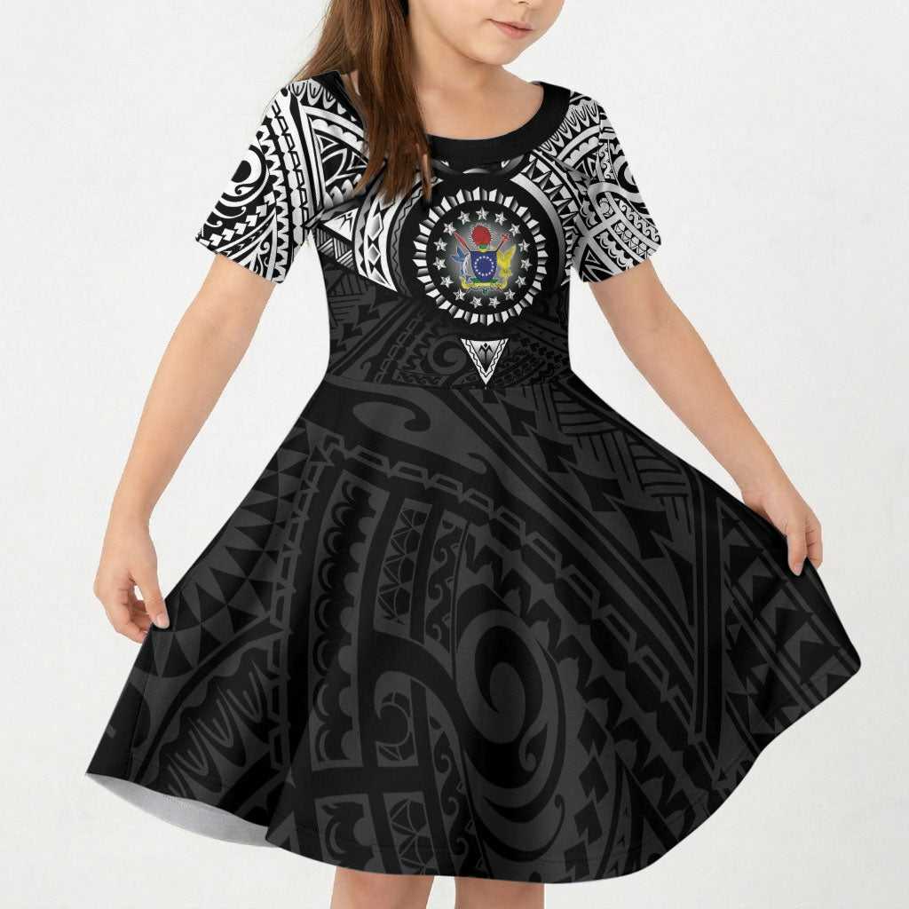 Cook Islands Manta Ray Kid Short Sleeve Dress Kuki Airani Tattoo Black Color LT14 KID Black - Polynesian Pride