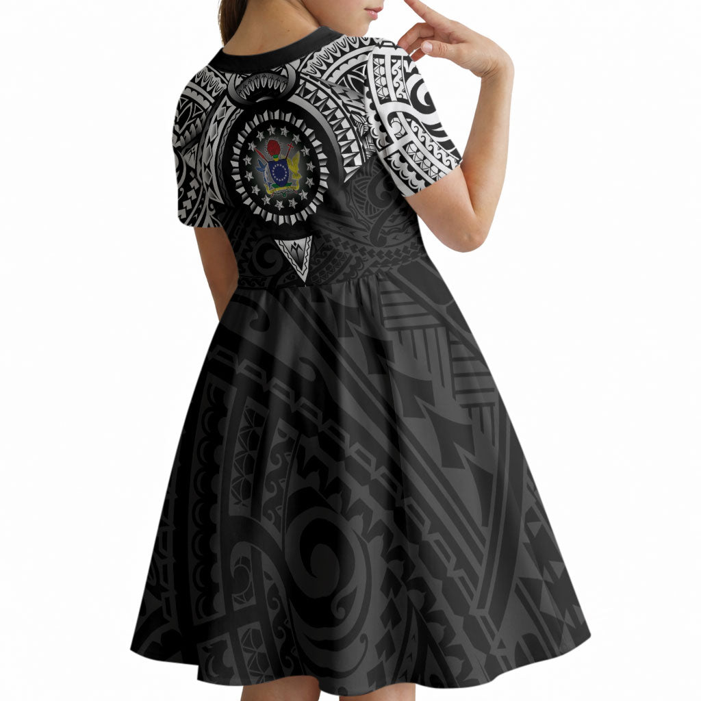 Cook Islands Manta Ray Kid Short Sleeve Dress Kuki Airani Tattoo Black Color LT14 - Polynesian Pride