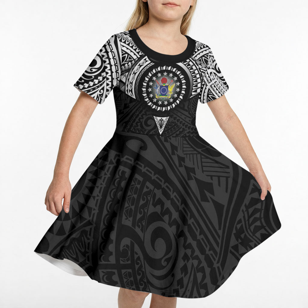 Cook Islands Manta Ray Kid Short Sleeve Dress Kuki Airani Tattoo Black Color LT14 - Polynesian Pride