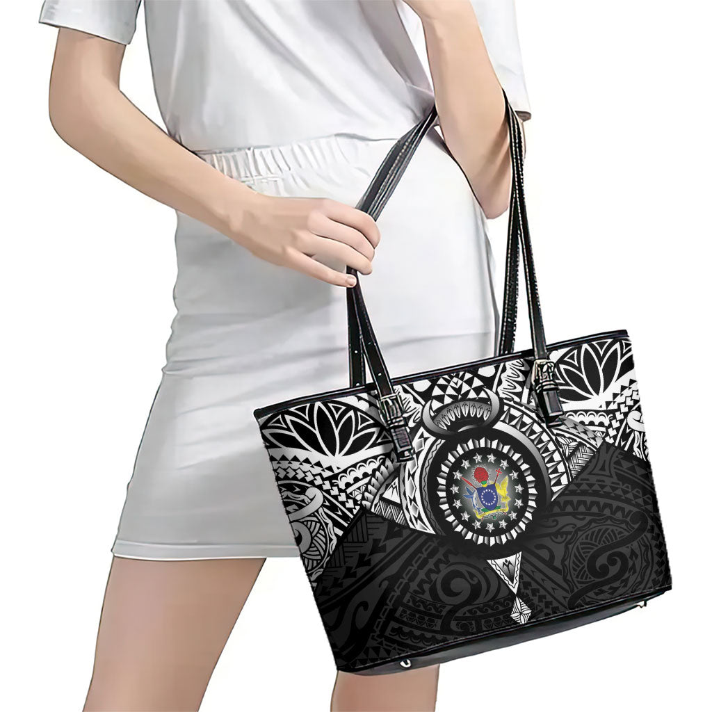 Cook Islands Manta Ray Leather Tote Bag Kuki Airani Tattoo Black Color LT14 - Polynesian Pride