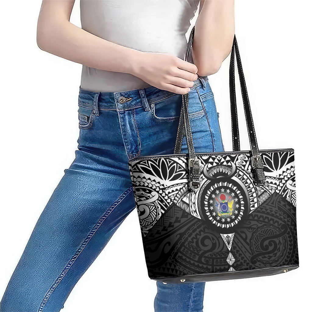 Cook Islands Manta Ray Leather Tote Bag Kuki Airani Tattoo Black Color LT14 - Polynesian Pride