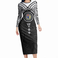 Cook Islands Manta Ray Long Sleeve Bodycon Dress Kuki Airani Tattoo Black Color LT14 Long Dress Black - Polynesian Pride