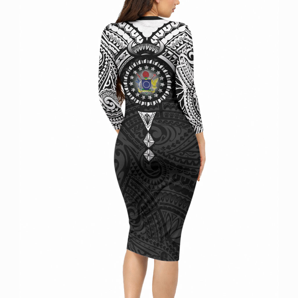 Cook Islands Manta Ray Long Sleeve Bodycon Dress Kuki Airani Tattoo Black Color LT14 - Polynesian Pride