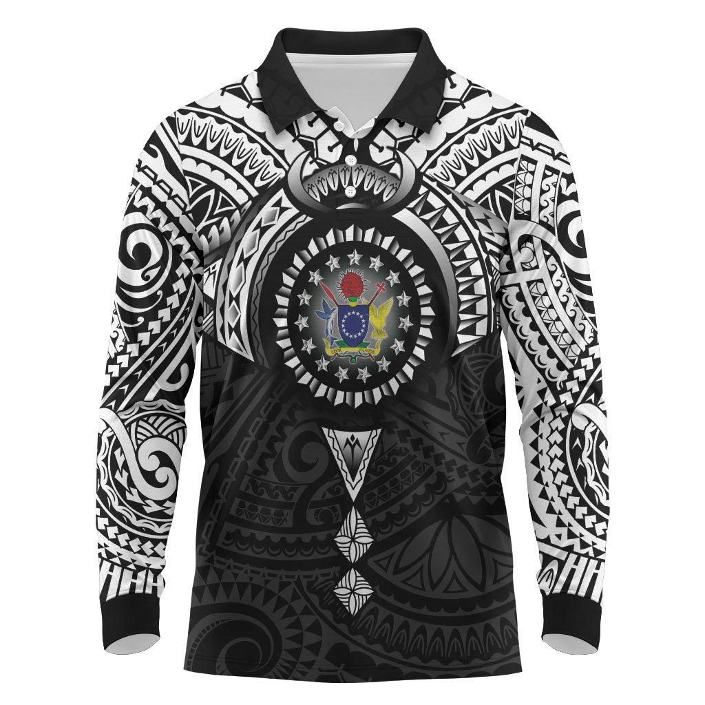 Cook Islands Manta Ray Long Sleeve Polo Shirt Kuki Airani Tattoo Black Color LT14 Black - Polynesian Pride