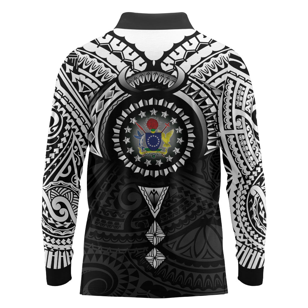 Cook Islands Manta Ray Long Sleeve Polo Shirt Kuki Airani Tattoo Black Color LT14 - Polynesian Pride