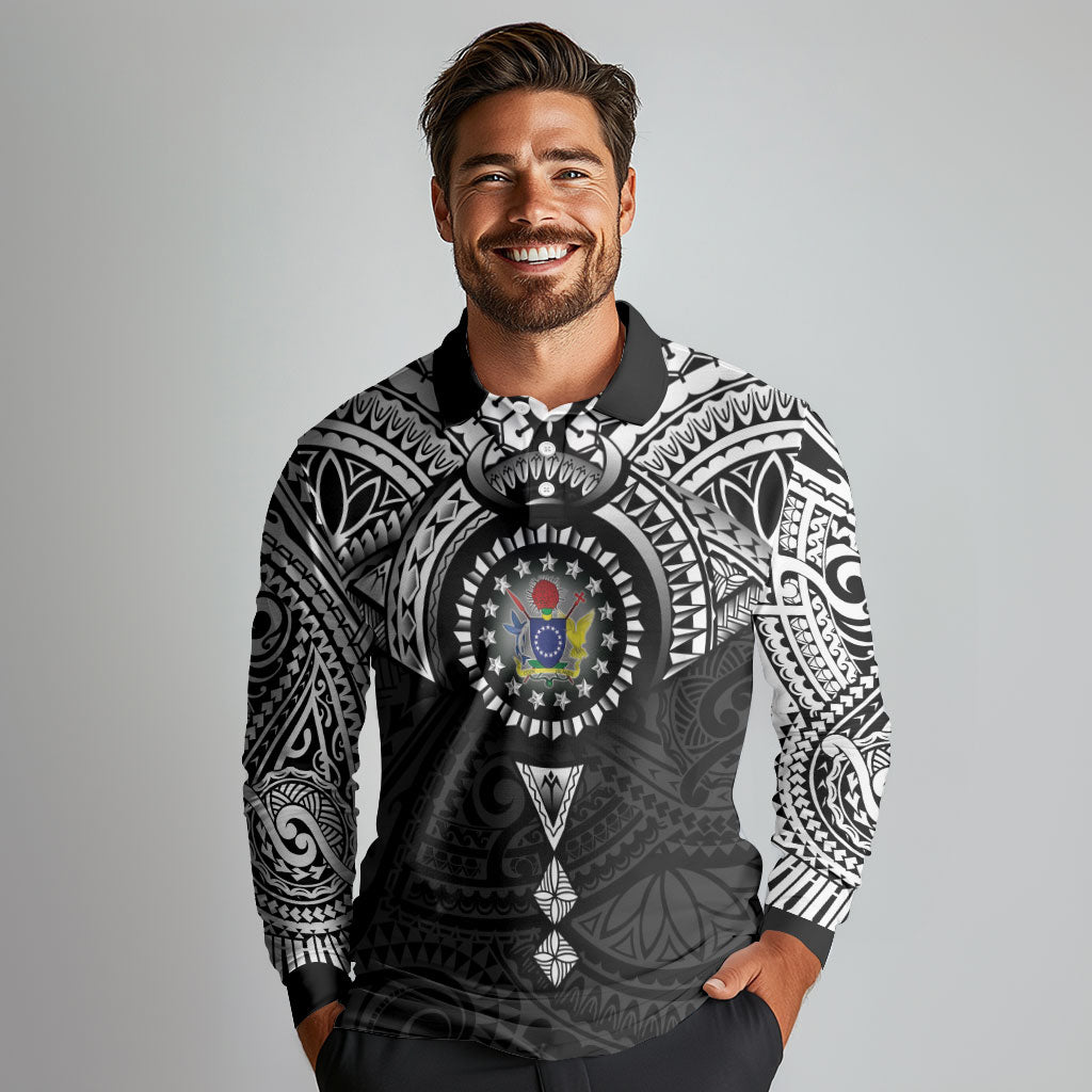 Cook Islands Manta Ray Long Sleeve Polo Shirt Kuki Airani Tattoo Black Color LT14 - Polynesian Pride