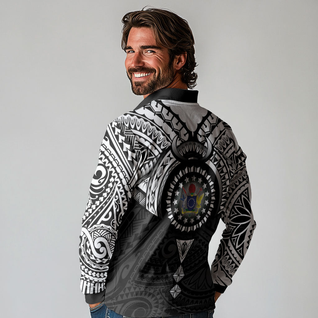 Cook Islands Manta Ray Long Sleeve Polo Shirt Kuki Airani Tattoo Black Color LT14 - Polynesian Pride