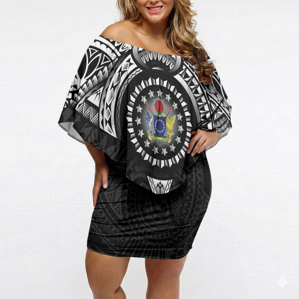 Cook Islands Manta Ray Off Shoulder Short Dress Kuki Airani Tattoo Black Color LT14 Women Black - Polynesian Pride
