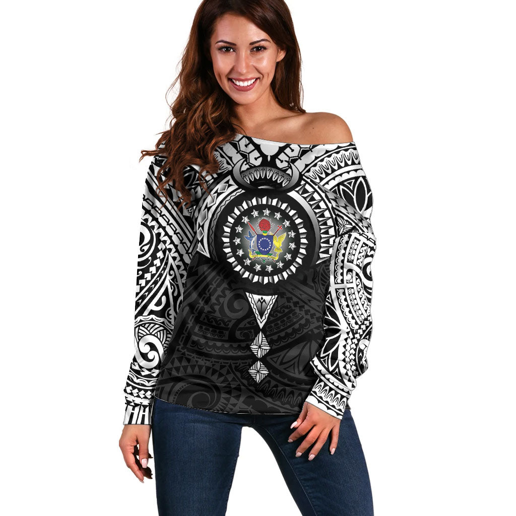 Cook Islands Manta Ray Off Shoulder Sweater Kuki Airani Tattoo Black Color LT14 Women Black - Polynesian Pride