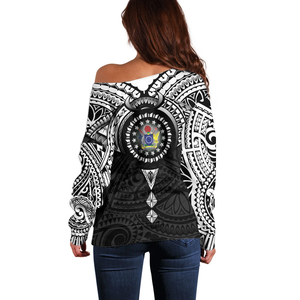 Cook Islands Manta Ray Off Shoulder Sweater Kuki Airani Tattoo Black Color LT14 - Polynesian Pride
