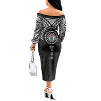 Cook Islands Manta Ray Off The Shoulder Long Sleeve Dress Kuki Airani Tattoo Black Color LT14 - Polynesian Pride