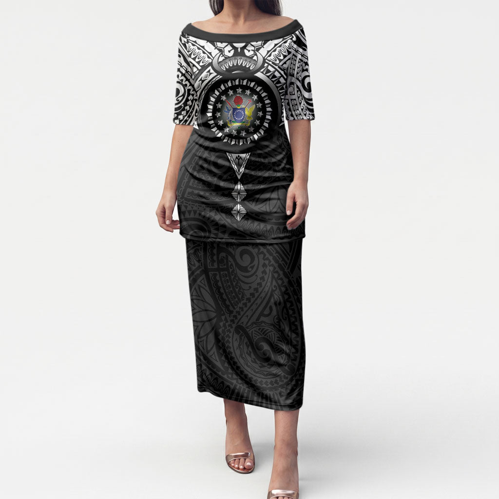 Cook Islands Manta Ray Puletasi Kuki Airani Tattoo Black Color LT14 Long Dress Black - Polynesian Pride