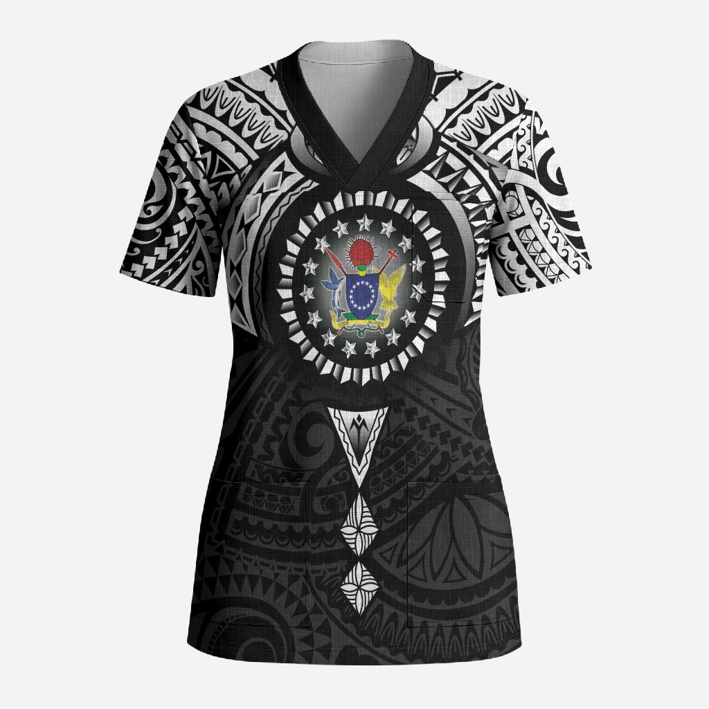 Cook Islands Manta Ray Scrub Top Kuki Airani Tattoo Black Color LT14 Adult Black - Polynesian Pride