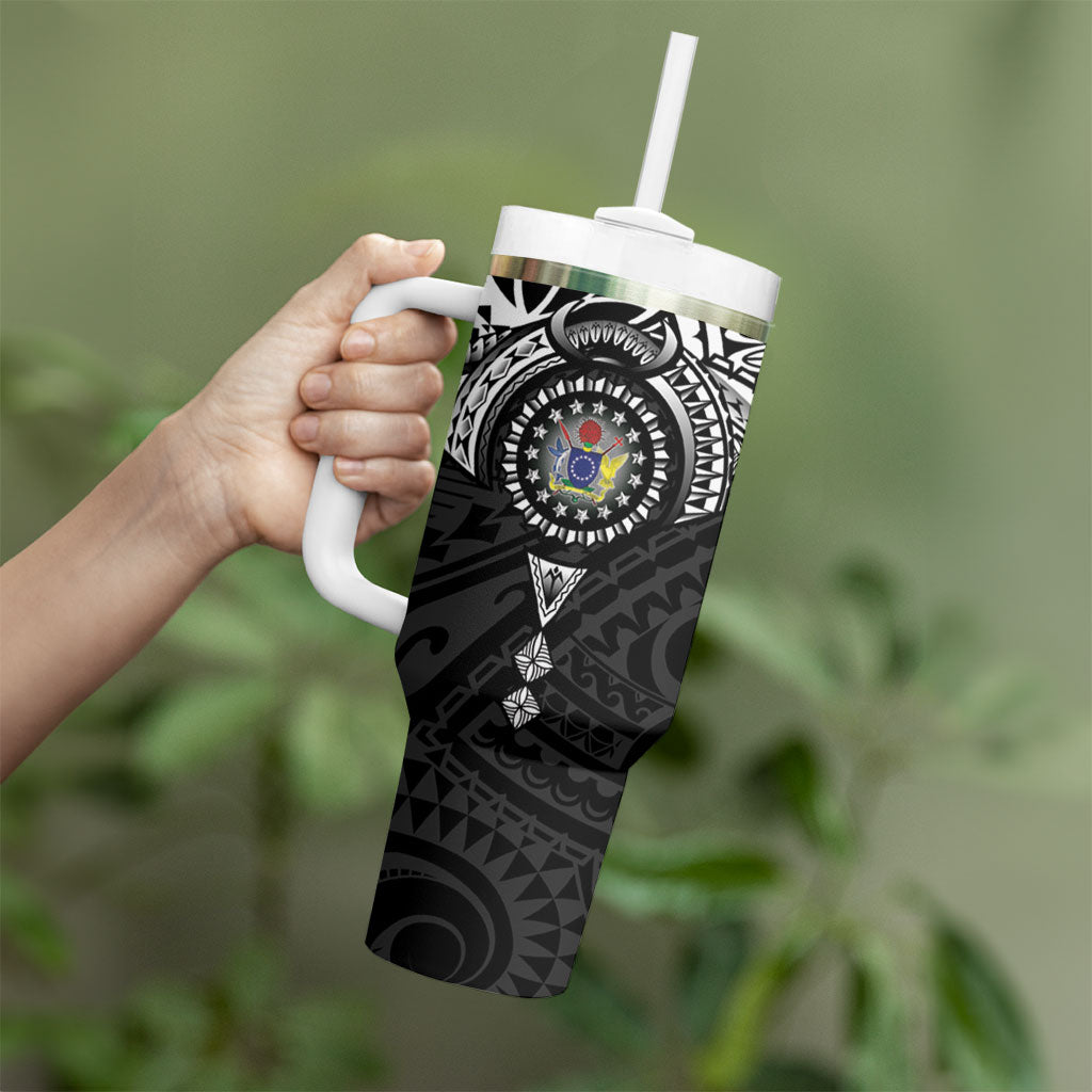 Cook Islands Manta Ray Tumbler With Handle Kuki Airani Tattoo Black Color LT14 - Polynesian Pride