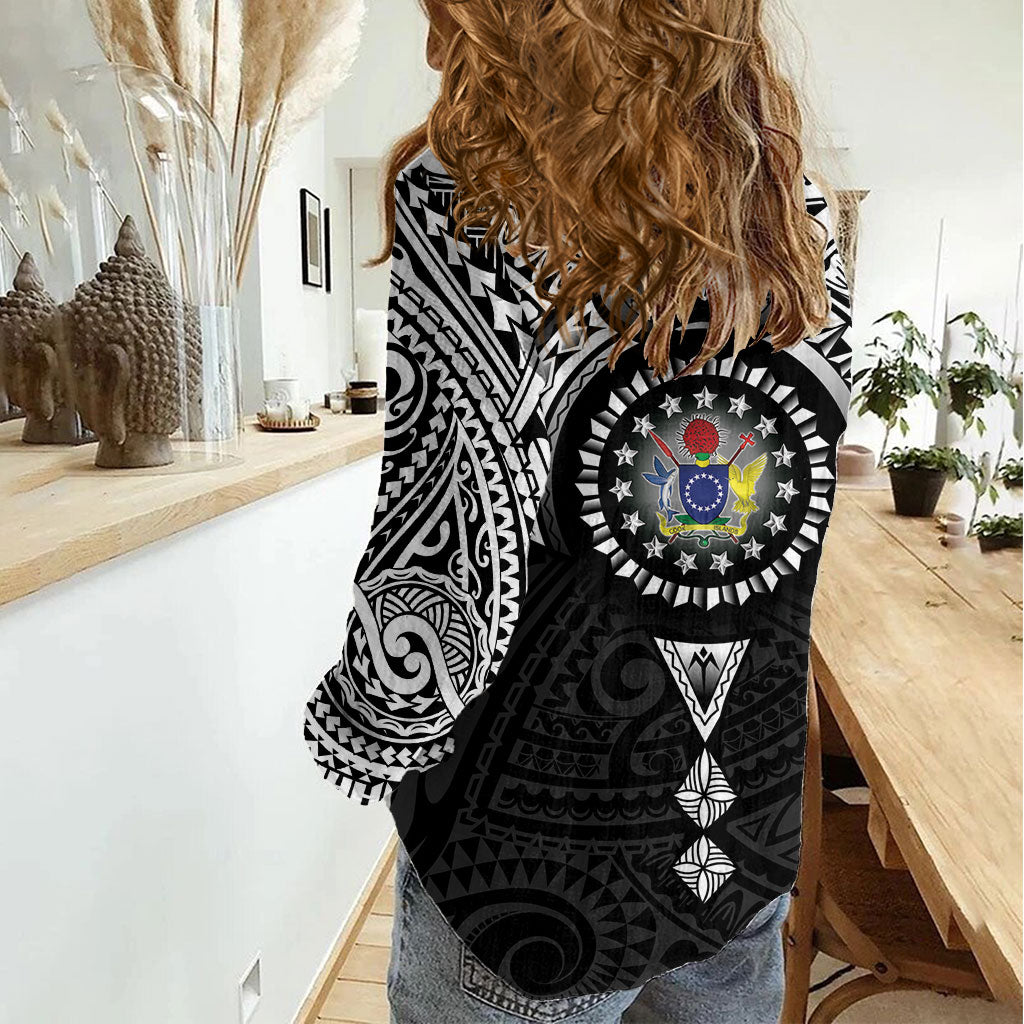 Cook Islands Manta Ray Women Casual Shirt Kuki Airani Tattoo Black Color LT14 - Polynesian Pride