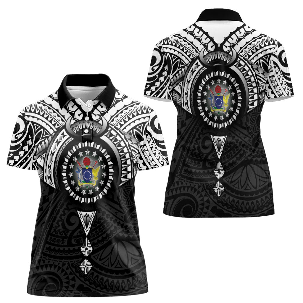 Cook Islands Manta Ray Women Polo Shirt Kuki Airani Tattoo Black Color LT14 - Polynesian Pride