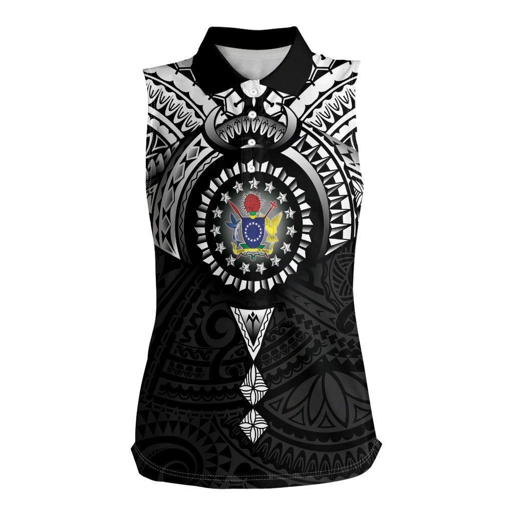 Cook Islands Manta Ray Women Sleeveless Polo Shirt Kuki Airani Tattoo Black Color LT14 Female Black - Polynesian Pride