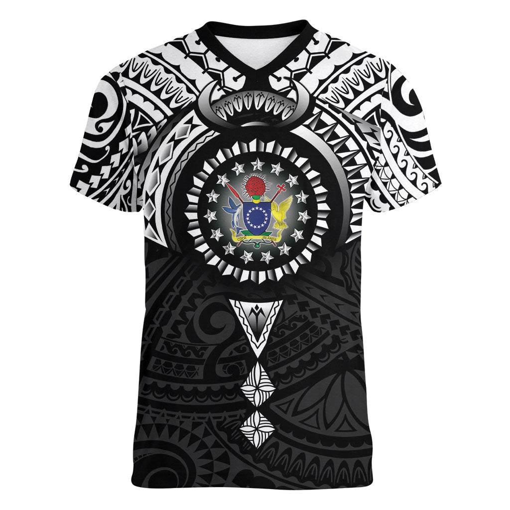 Cook Islands Manta Ray Women V-Neck T-Shirt Kuki Airani Tattoo Black Color LT14 Female Black - Polynesian Pride