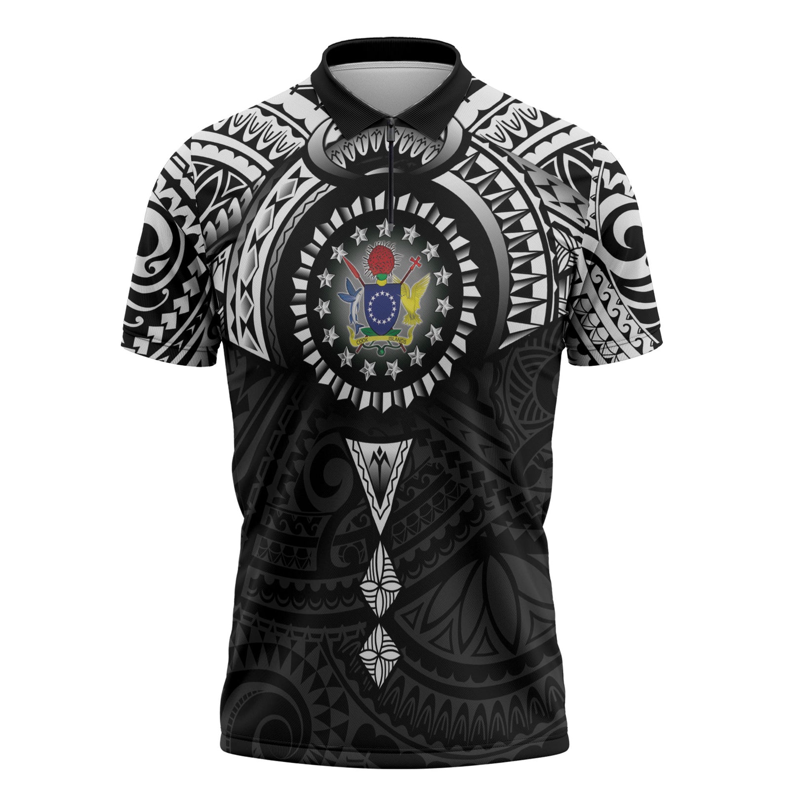 Cook Islands Manta Ray Zipper Polo Shirt Kuki Airani Tattoo Black Color