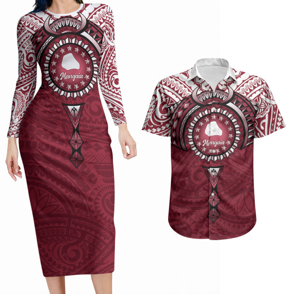 Personalised Cook Islands Mangaia Couples Matching Long Sleeve Bodycon Dress and Hawaiian Shirt Map With Kuki Airani Manta Ray Tattoo LT14 Maroon - Polynesian Pride