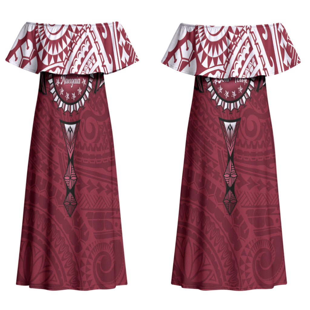 Personalised Cook Islands Mangaia Couples Matching Off Shoulder Maxi Dress and Hawaiian Shirt Map With Kuki Airani Manta Ray Tattoo LT14 - Polynesian Pride